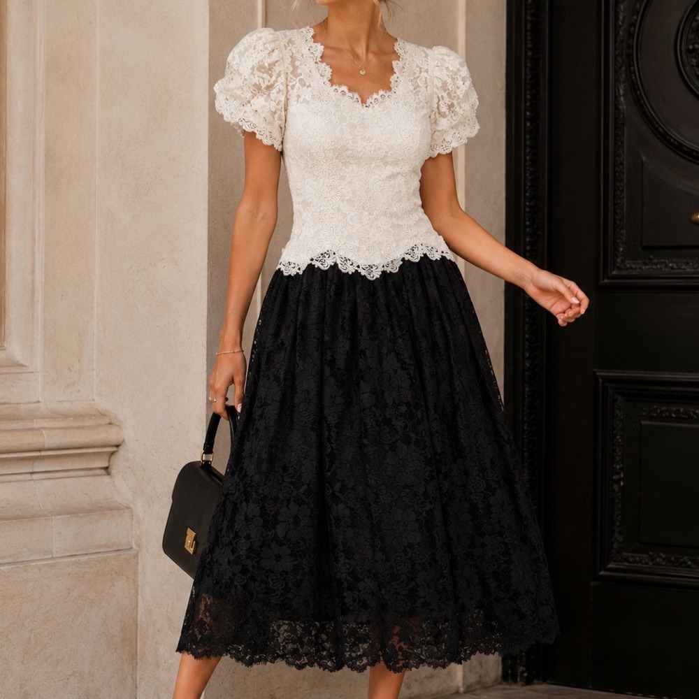 Cachet by Bari Protas Vintage Lace Midi Dress Black White Puff Sleeve Formal X5